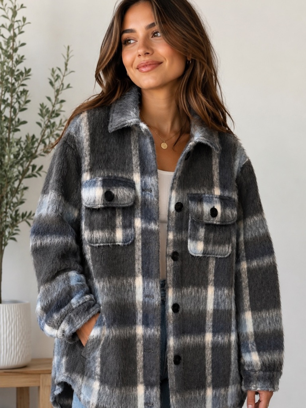 Faux Fur Plaid Shacket Jacket - Gray/Blue